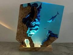 Sharks, divers, wood sculptures, epoxy resin lamp ( Best Gift 🎁 )